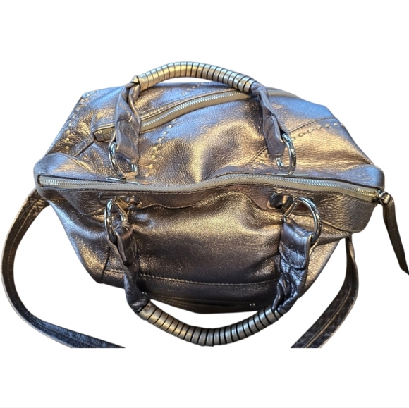 B. Makowsky Metallic Silver Leather Top Handle Shoulder Bag - Picture 6 of 15
